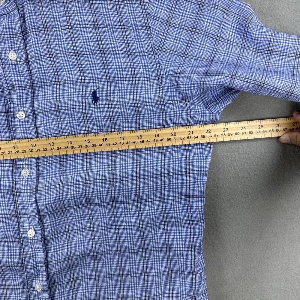Polo Ralph Lauren Ocean Wash Linen Blue Plaid Button Down Shirt Blue Mens Medium